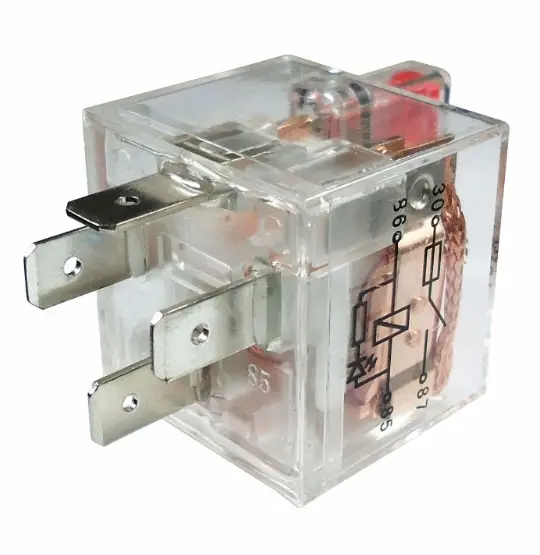 RELAY COMPETICION TRANSPARENTE 4 TERMINALES 12V CON LED Y SOPORTE DNI8101 IMPO.  